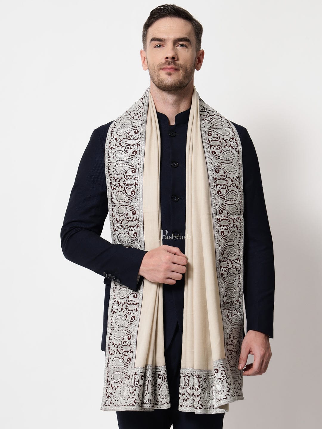 Pashtush India Mens Scarves Stoles and Mufflers Pashtush mens 100% Pure Wool with Woolmark Certificate stole, Metallic Tilla border weave design, Taupe