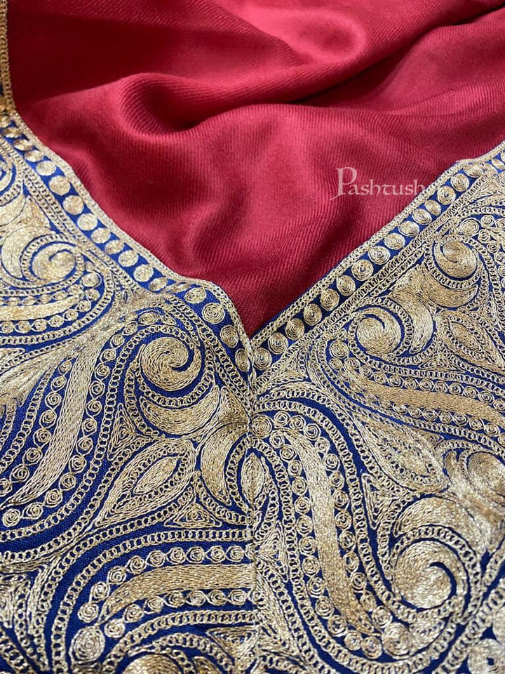 Pashtush India Mens Scarves Stoles and Mufflers Pashtush mens 100% Pure Wool with Woolmark Certificate stole, Metallic Tilla golden border weave design, Maroon