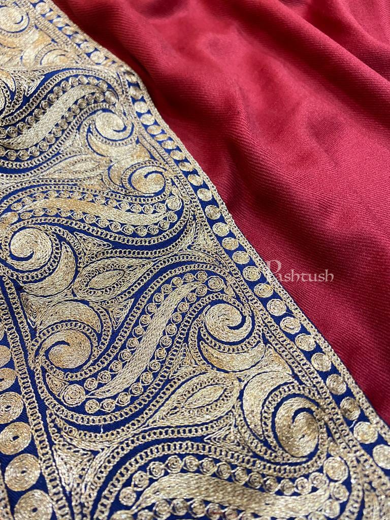 Pashtush India Mens Scarves Stoles and Mufflers Pashtush mens 100% Pure Wool with Woolmark Certificate stole, Metallic Tilla golden border weave design, Maroon