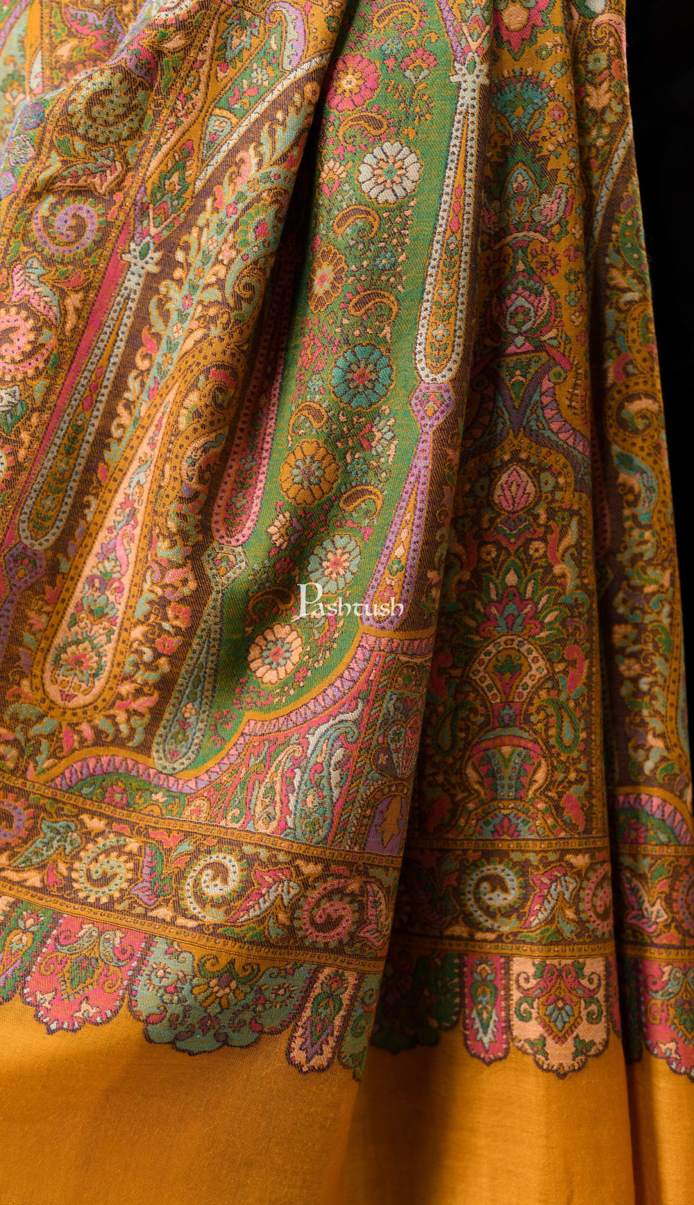 Pashtush India 100x200 Pashtush Mens 100% Pure Wool, Woven Kalamkari Design Shawl, Kashmiri Mustard
