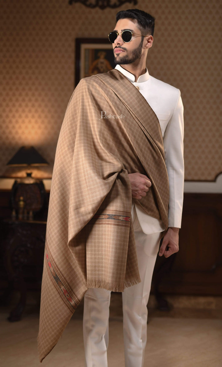 Pashtush India 127x254 Pashtush Mens Aztec Weave Shawl With Checkered Weave, Beige