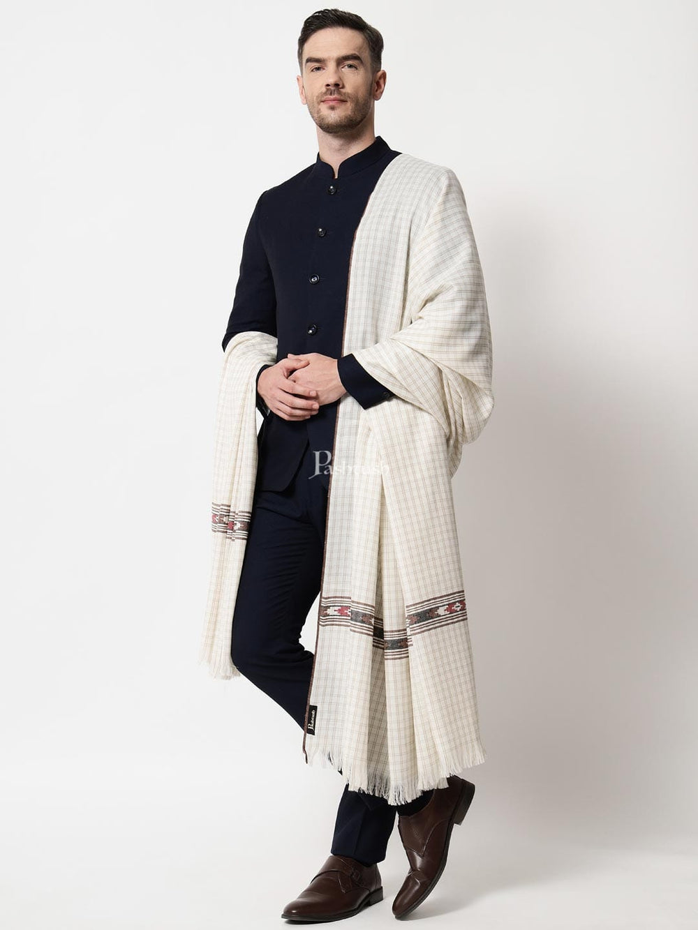 Pashtush India Mens Shawls Gents Shawl Pashtush Mens Aztec Weave Shawl With Checkered Weave, White