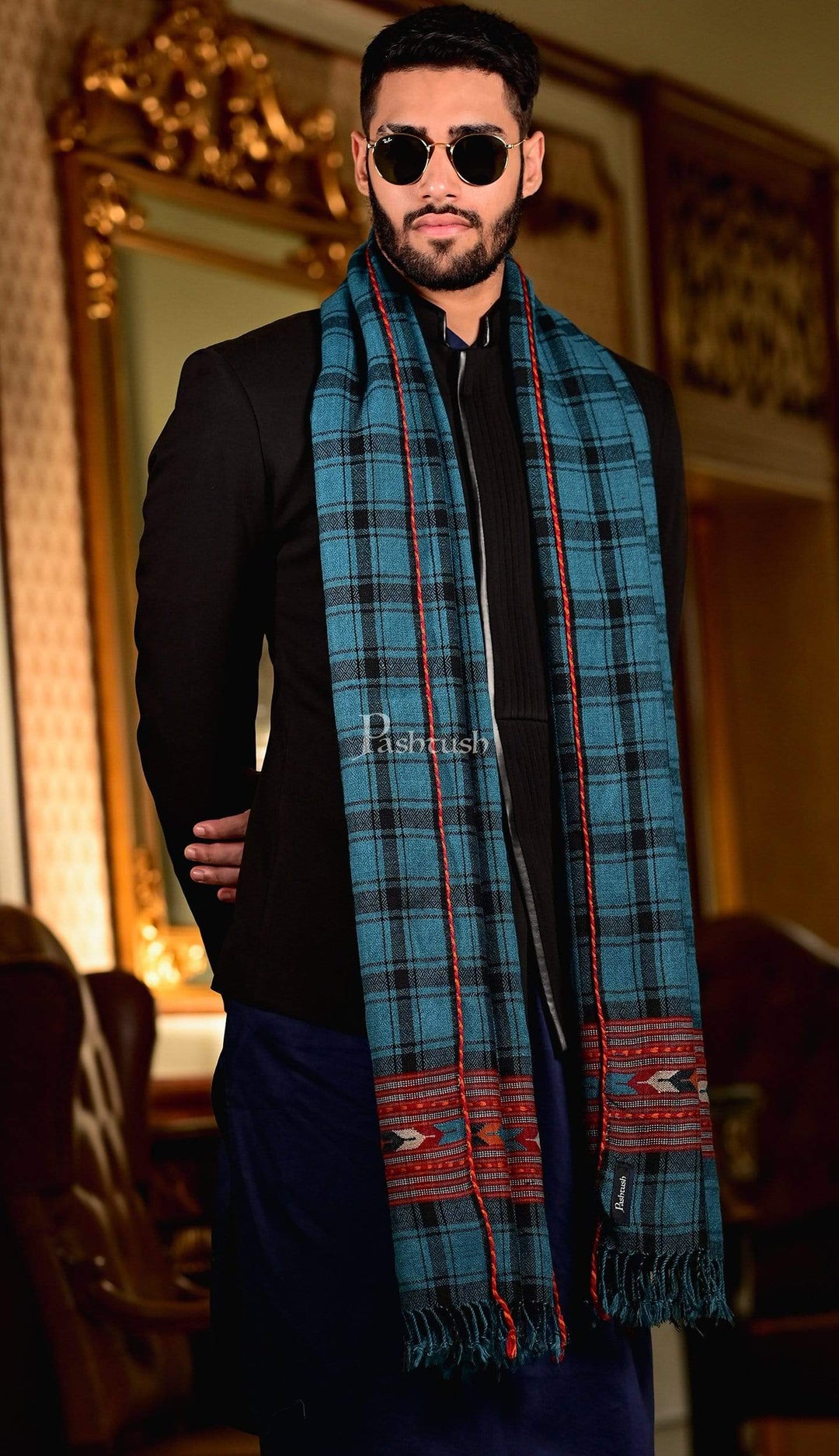 Pashtush India 70x200 Pashtush Mens Aztec Wool, Authentic 100% Handwoven Stole, Extra Warm, Blue