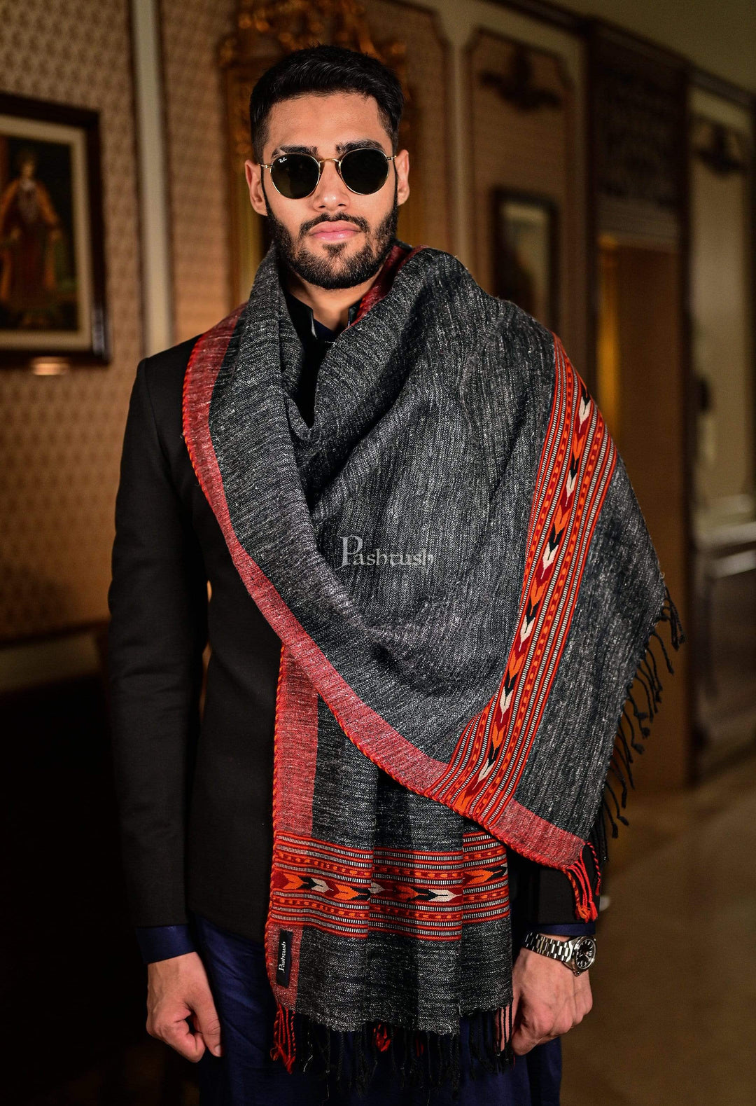 Pashtush India 70x200 Pashtush Mens Aztec Wool, Authentic 100% Handwoven Stole, Extra Warm, grey