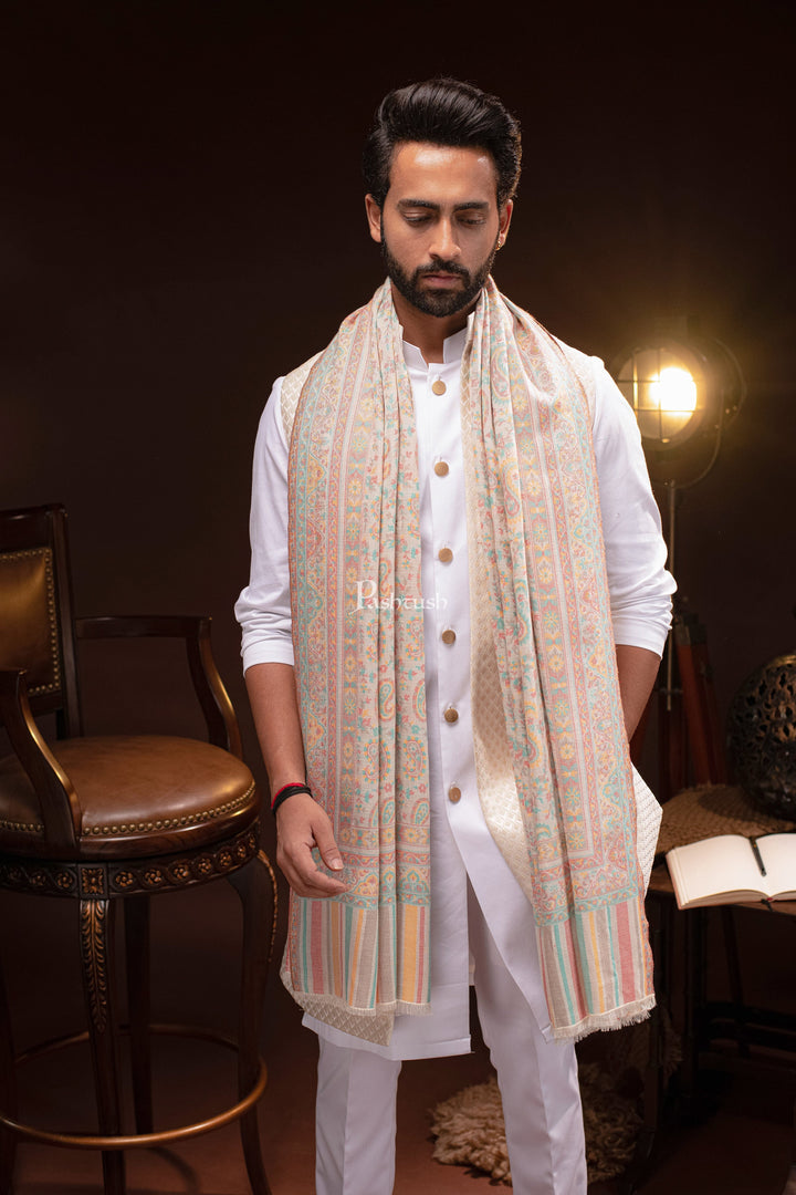 Pashtush India Mens Scarves Stoles and Mufflers Pashtush mens Bamboo stole, Ethnic Paisley design, ivory