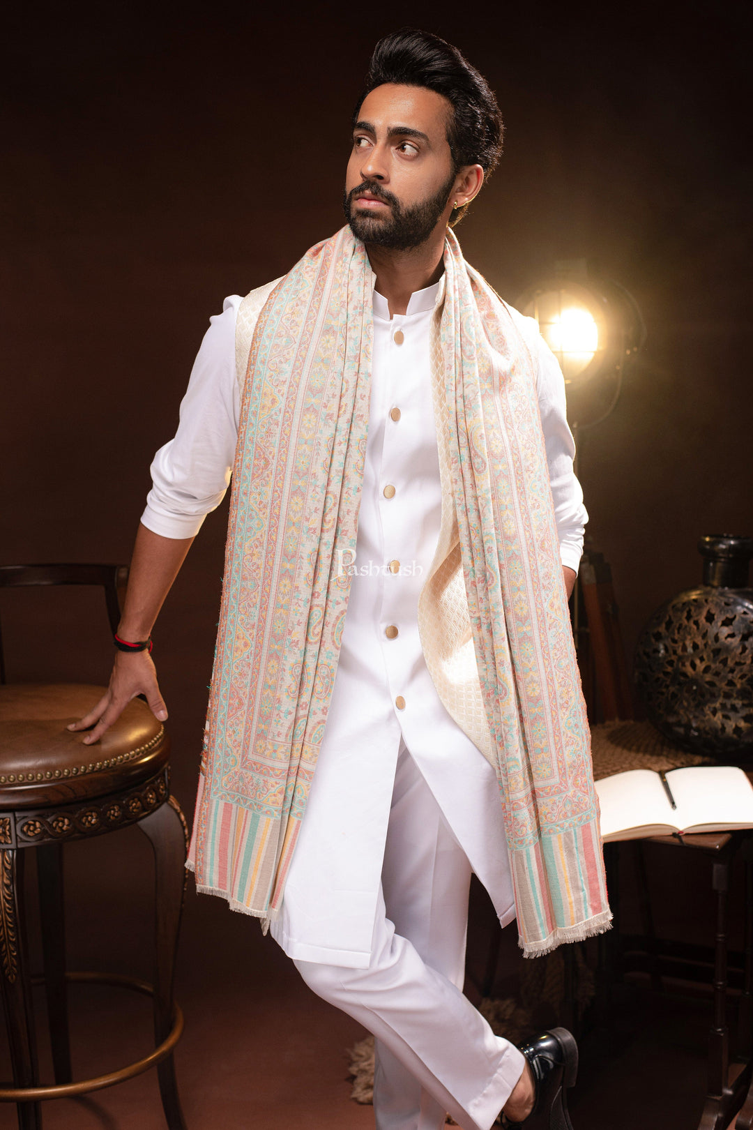 Pashtush India Mens Scarves Stoles and Mufflers Pashtush mens Bamboo stole, Ethnic Paisley design, ivory