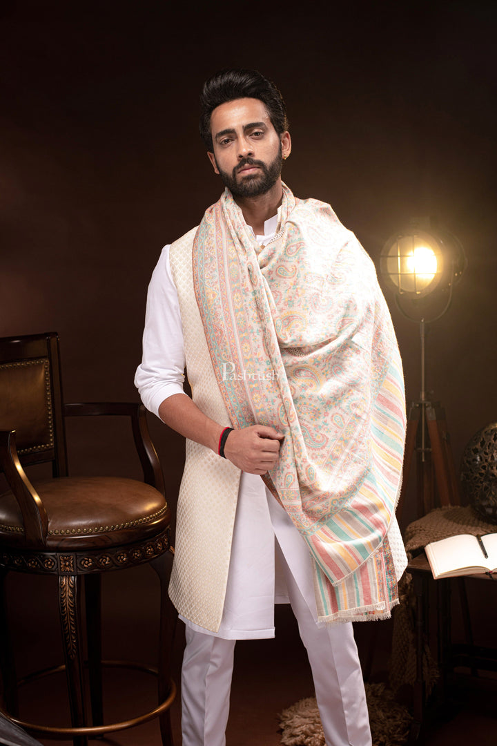 Pashtush India Mens Scarves Stoles and Mufflers Pashtush mens Bamboo stole, Ethnic Paisley design, ivory