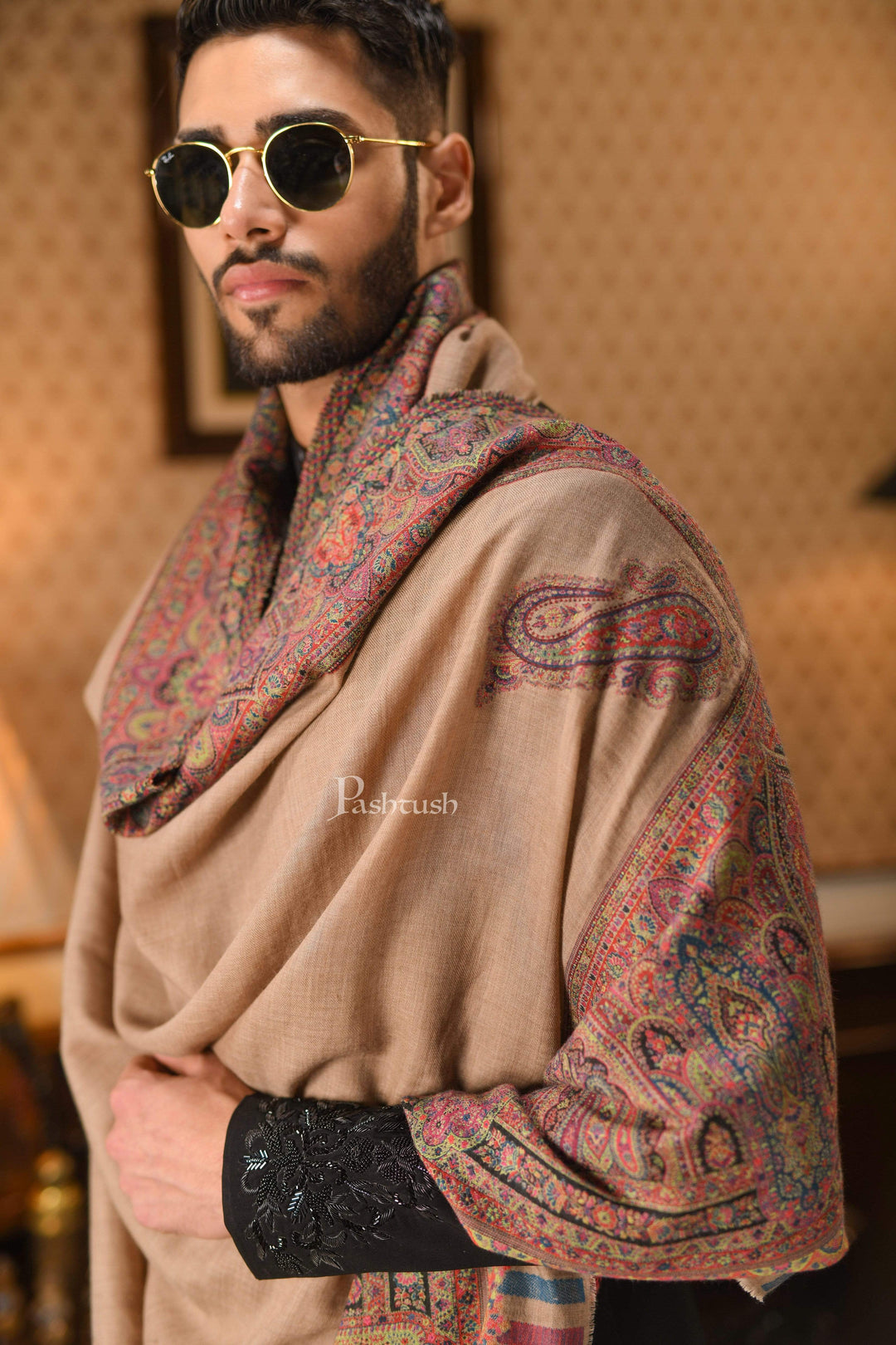 Pashtush India 127x254 Pashtush Mens Black Shawl, With Palle-dar Ethnic Weave, Fine Wool, Full Size