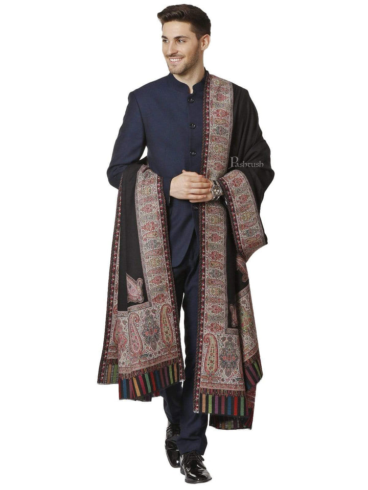 Pashtush India 127x254 Pashtush Mens Black Shawl, With Palle-dar Kaani Weave, Fine Wool, Full Size
