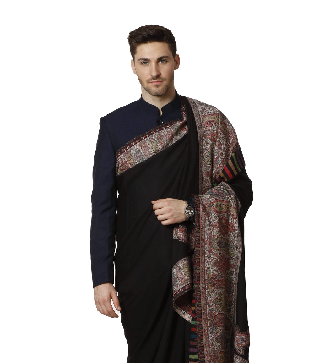 Pashtush India 127x254 Pashtush Mens Black Shawl, With Palle-dar Kaani Weave, Fine Wool, Full Size