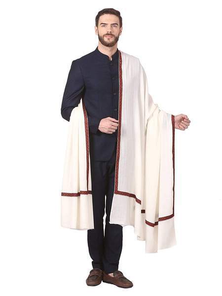 Pashtush Mens Border Embroidery Mens Shawl With Handwork In White