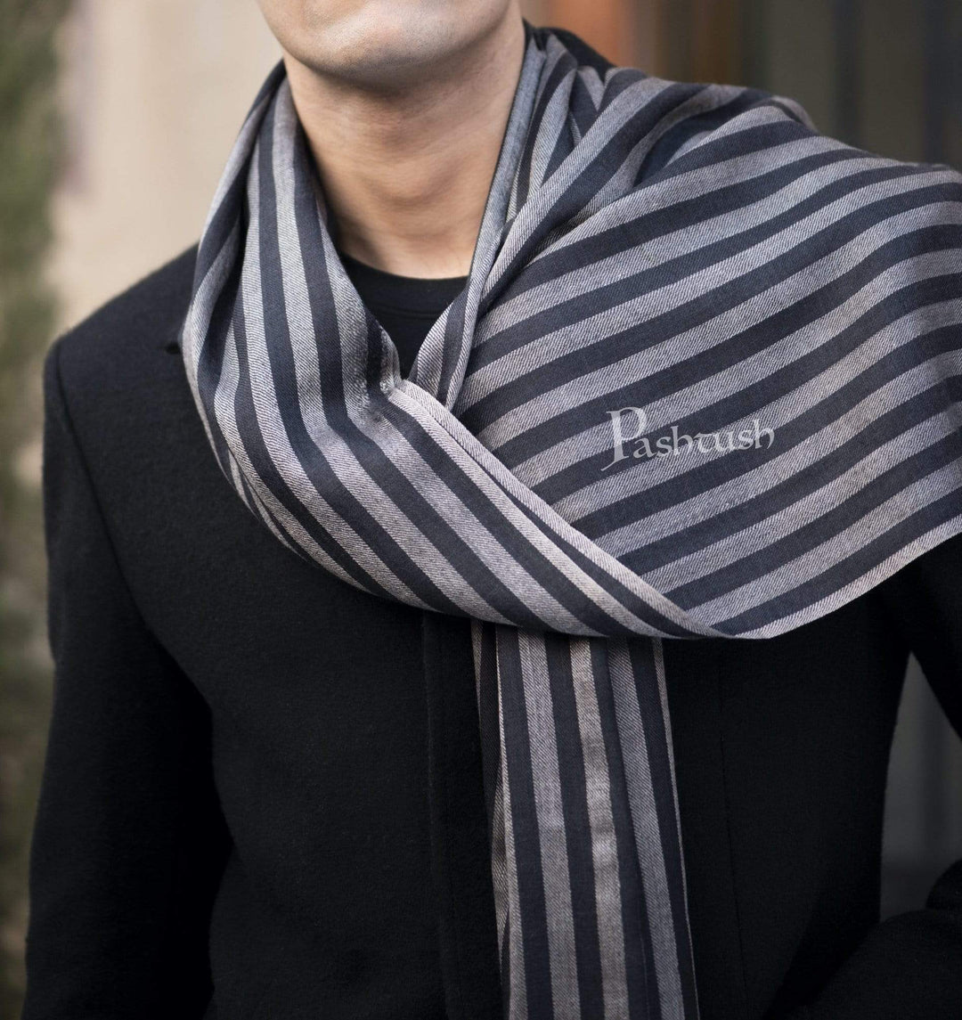 Pashtush Mens Cashmere And Wool Scarf, Striped Charcoal Black