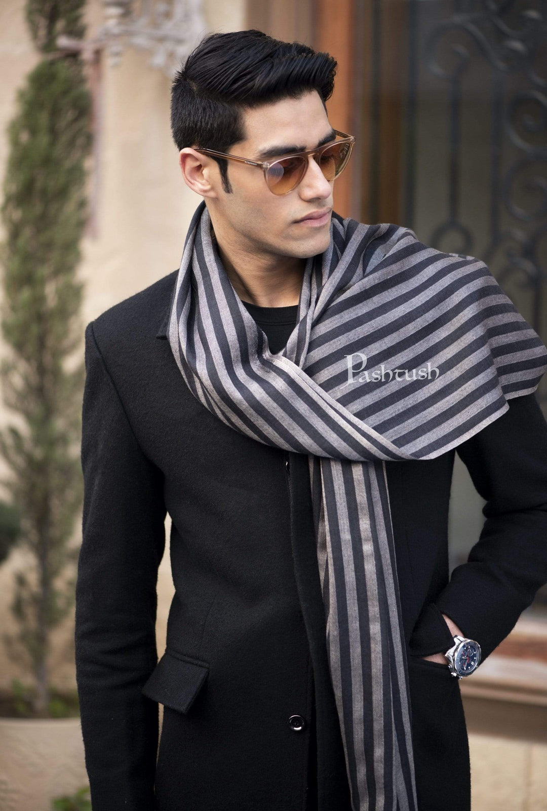Pashtush Mens Cashmere And Wool Scarf, Striped Charcoal Black