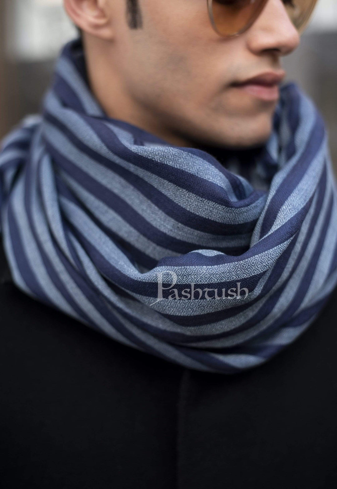 Pashtush India 70x200 Pashtush Mens Cashmere and Wool Scarf, Striped Cobalt Blue