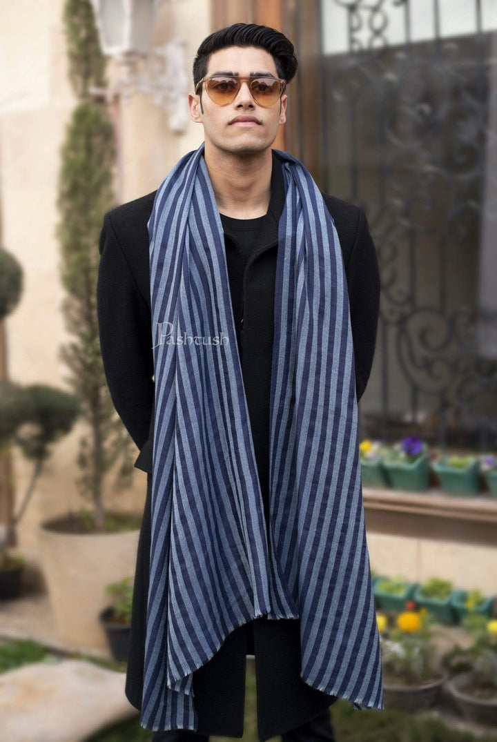 Pashtush India 70x200 Pashtush Mens Cashmere and Wool Scarf, Striped Cobalt Blue
