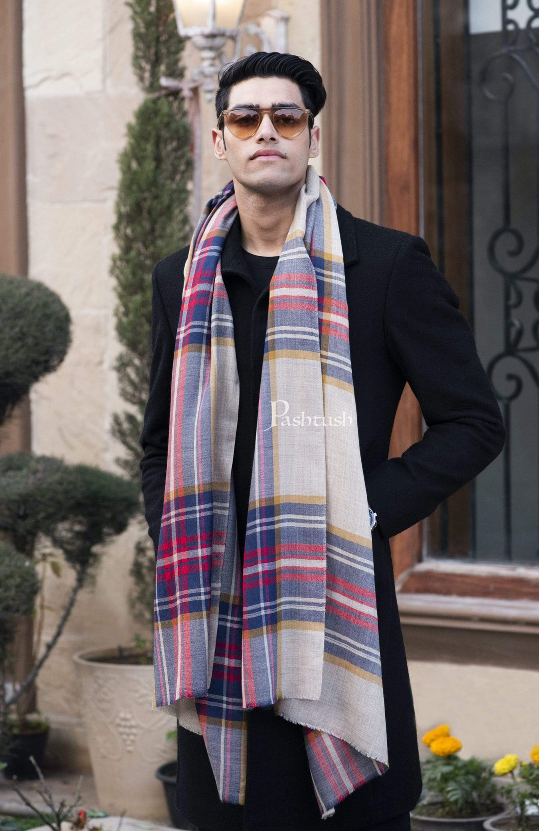 Pashtush Mens Cashmere Wool Checkered Scarf - Main Image