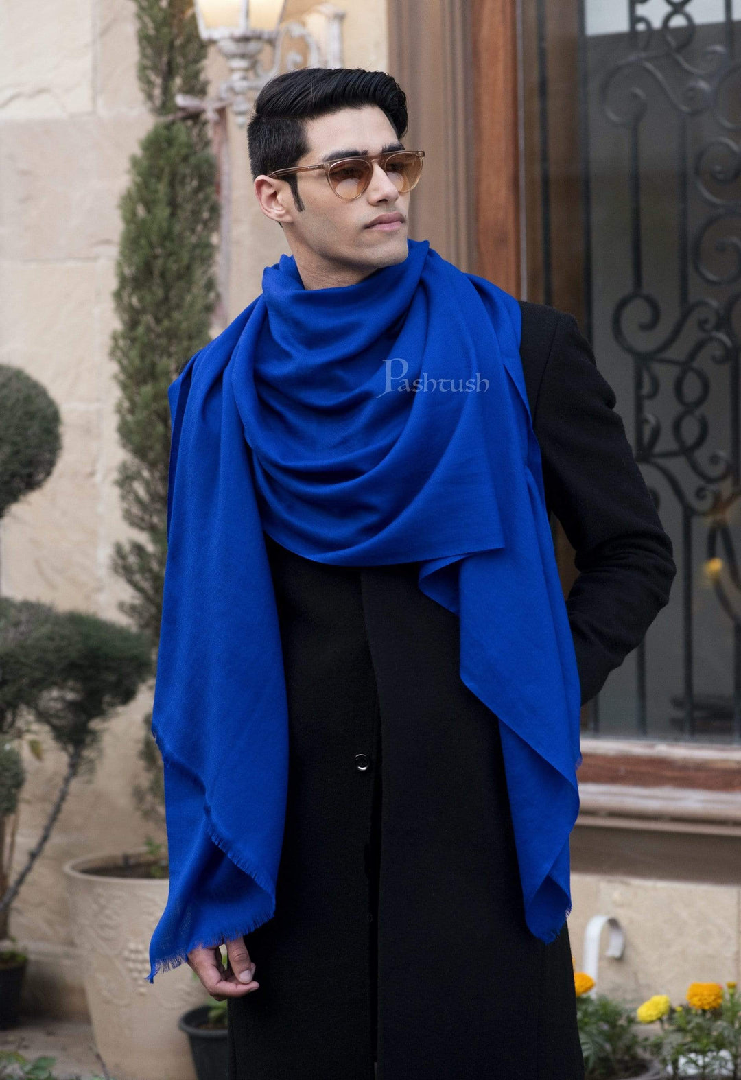 Pashtush India 70x200 Pashtush Mens Cashmere Wool Scarf, Diamond Weave, Azure Blue