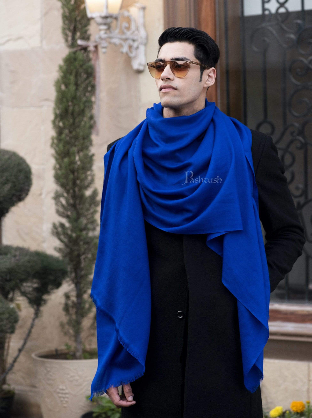 Pashtush India 70x200 Pashtush Mens Cashmere Wool Scarf, Diamond Weave, Azure Blue