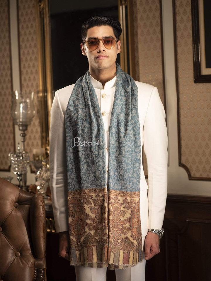 Pashtush India 70x200 Pashtush Mens Cashmere Wool Scarf, Ethnic Design, Arabic Blue
