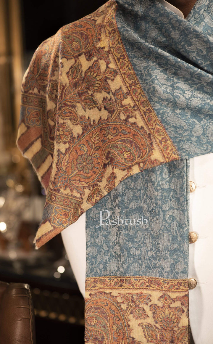 Pashtush India 70x200 Pashtush Mens Cashmere Wool Scarf, Ethnic Design, Arabic Blue
