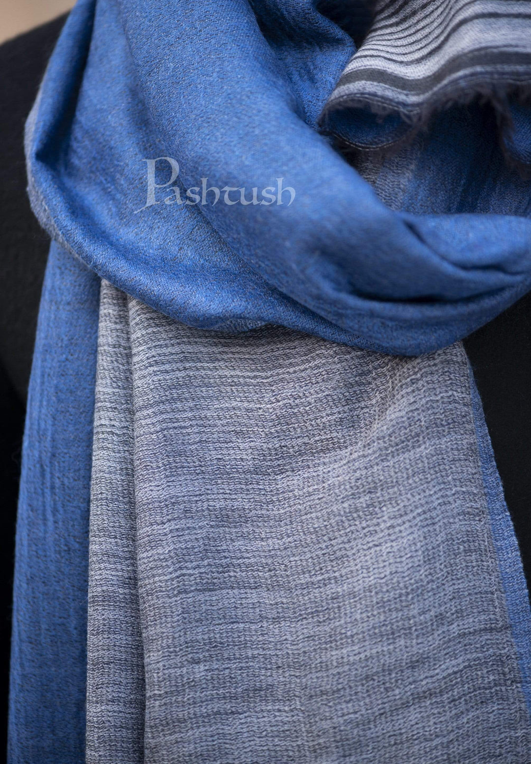 Pashtush India 70x200 Pashtush Mens Cashmere Wool Scarf, Reversible, Twin Weave, Azure Blue