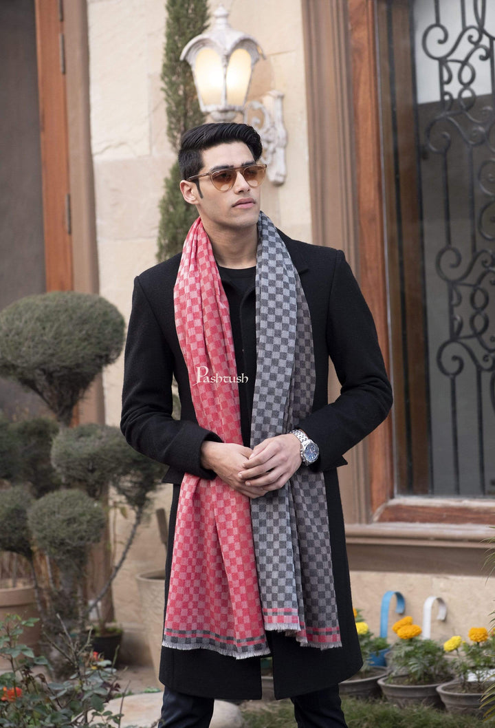 Pashtush India 70x200 Pashtush Mens Cashmere Wool Scarf, Reversible Weave, Crimson - Black