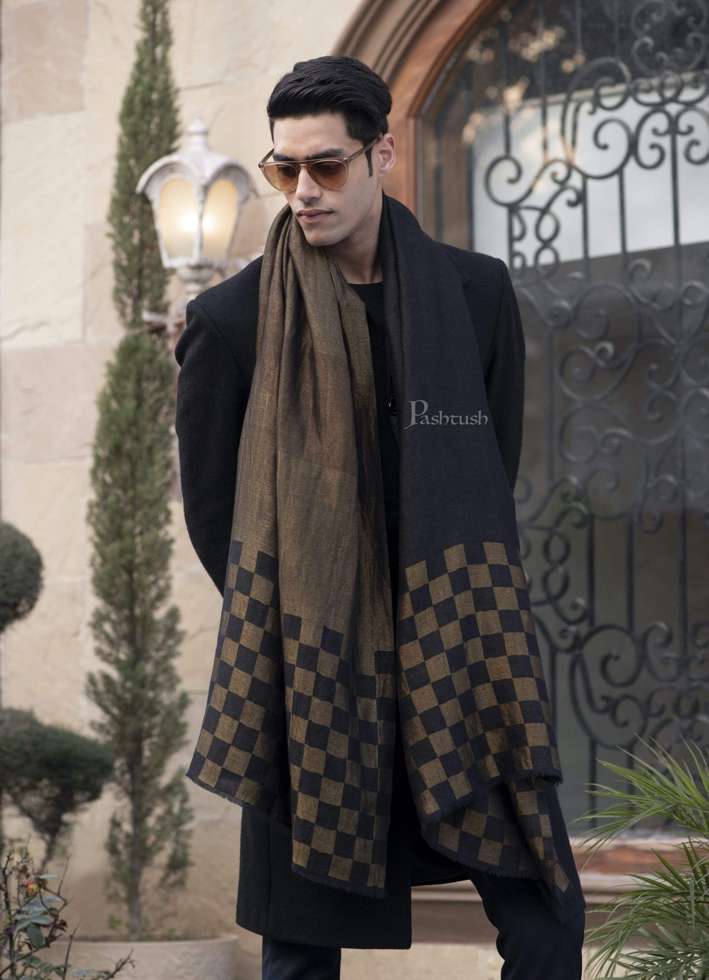 Pashtush Mens Checkered Scarf, With Metallic Thread Weave, Black And G ...