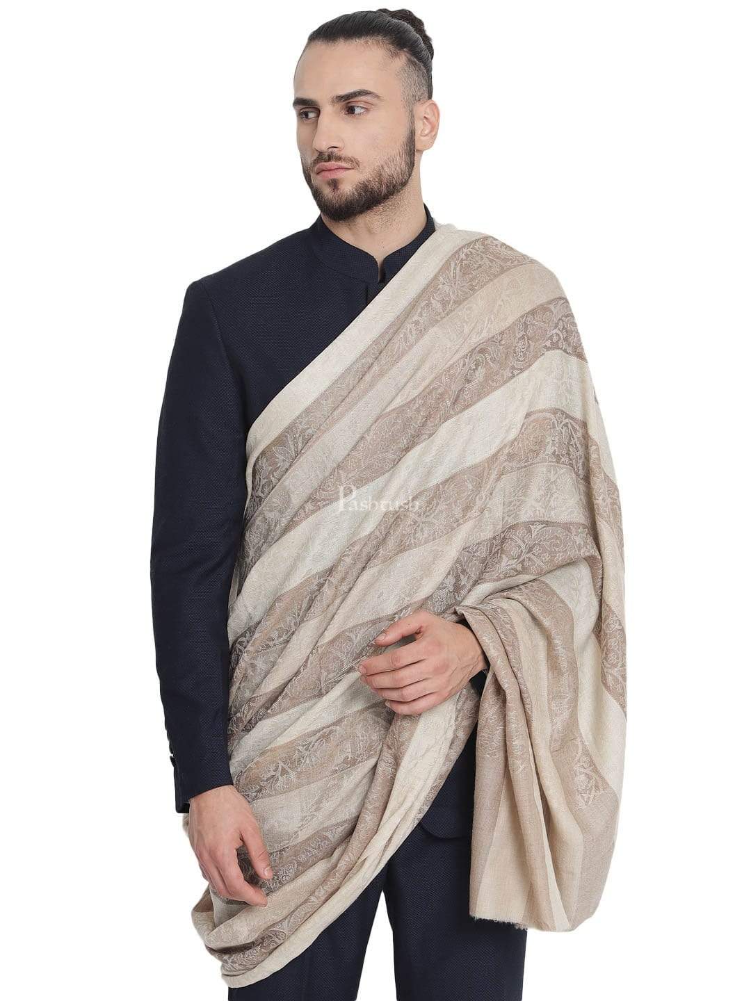 Pashtush India 114x228 Pashtush Mens Checkered Shawl, Natural Beige, Fine Wool, Medium