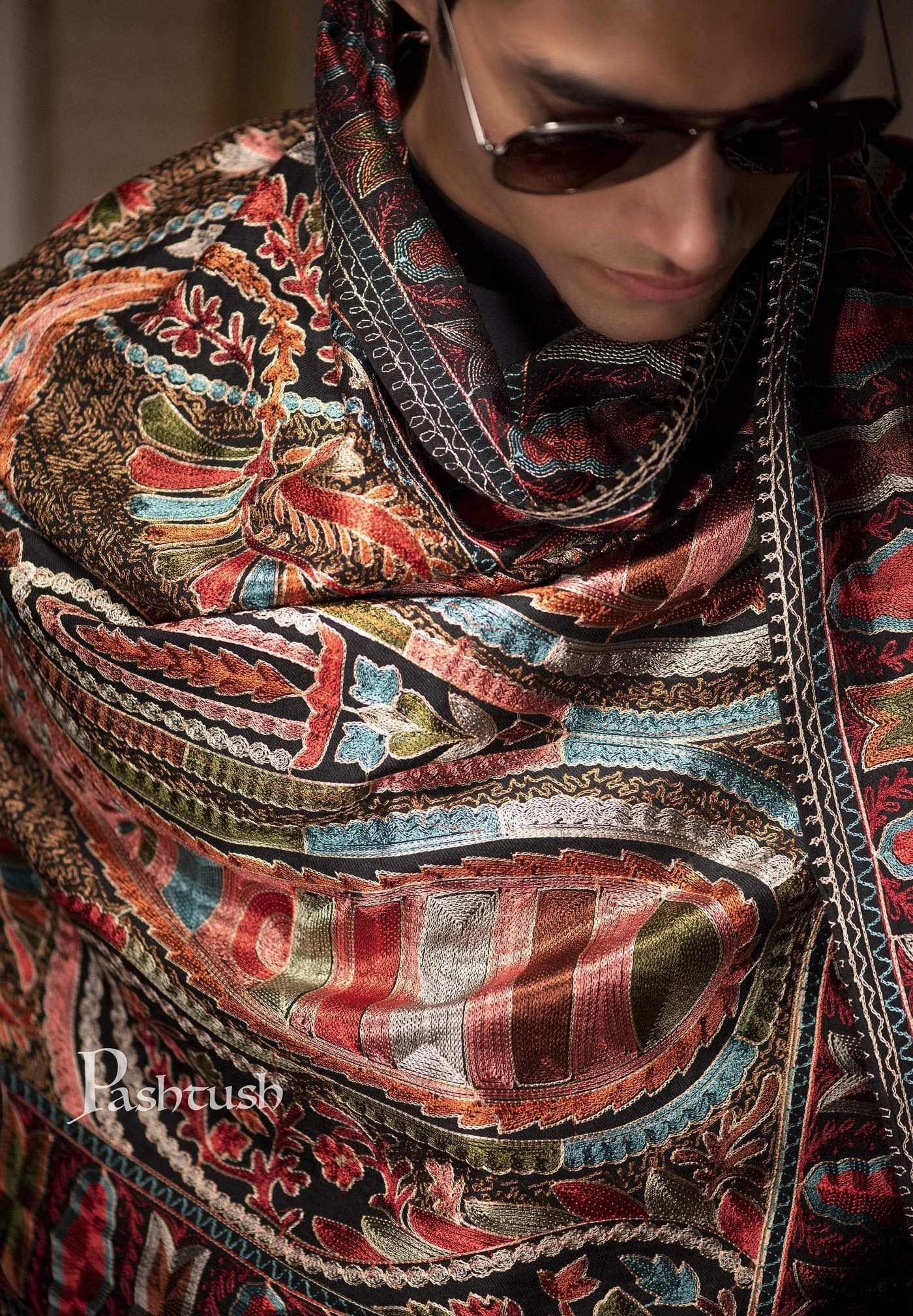 Pashtush India 70x200 Pashtush Mens Collection, Wool Embroidery Nalki Scarf, Rich Black