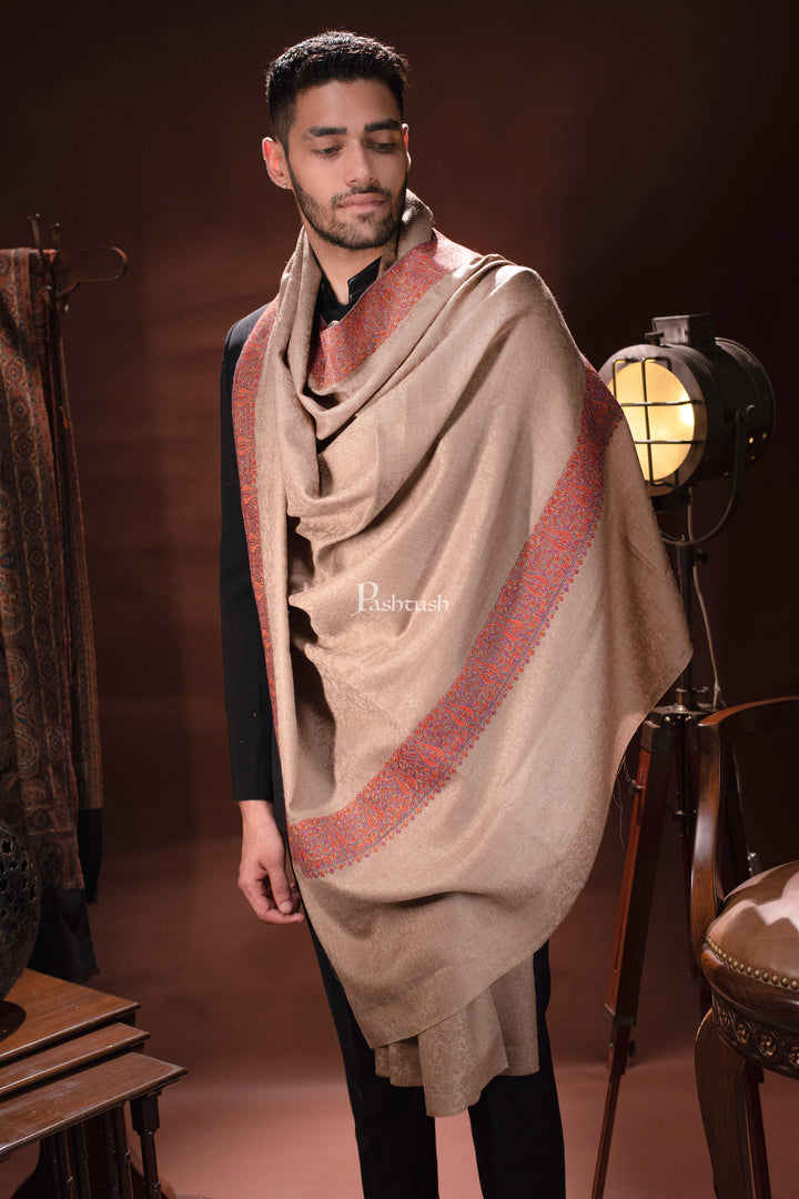 Pashtush India Mens Shawls Gents Shawl Pashtush Mens Daur Embroidery Shawl, Beige