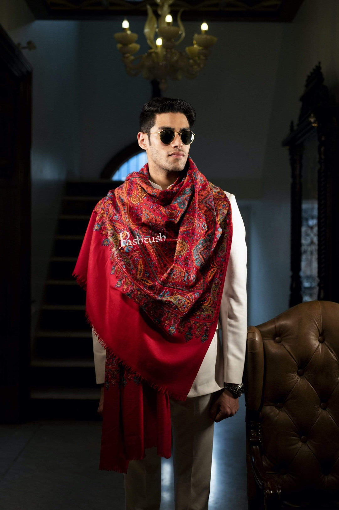 Pashtush India 100x200 Pashtush Mens Embroidered Jamawar Stole, Fine Wool, Soft and Warm