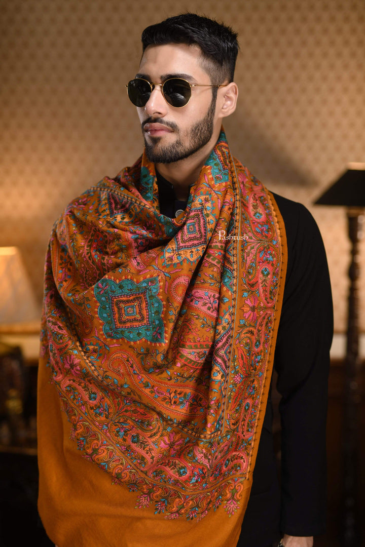 Pashtush India 100x200 Pashtush Mens Embroidered Jamawar Stole, Fine Wool, Soft and Warm