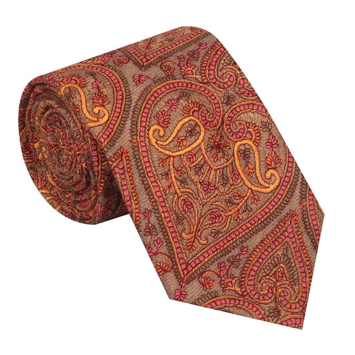 Pashtush Mens Embroidered Necktie, Wool, Paisley Design, Beige