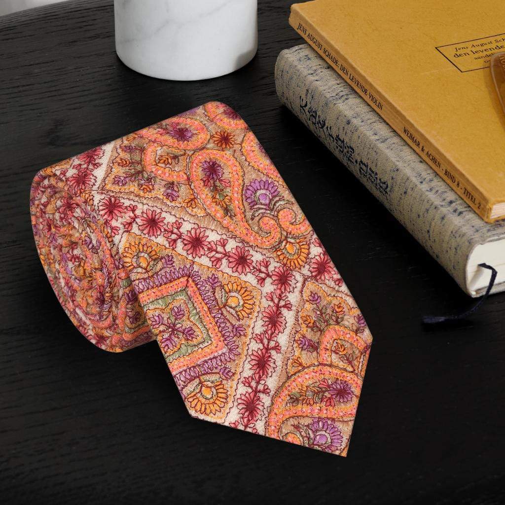Pashtush India Tie Pashtush Mens Embroidered Necktie, Wool, Paisley Design, Beige