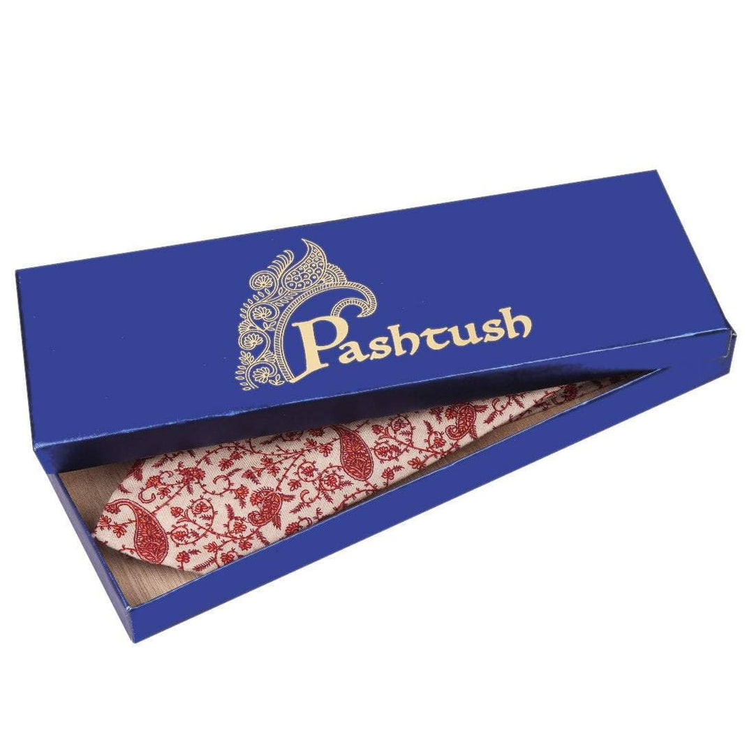 Pashtush Shawl Store Tie Pashtush Mens Embroidered Necktie, Pashmina and Wool, Paisley Design, Free Size, beige
