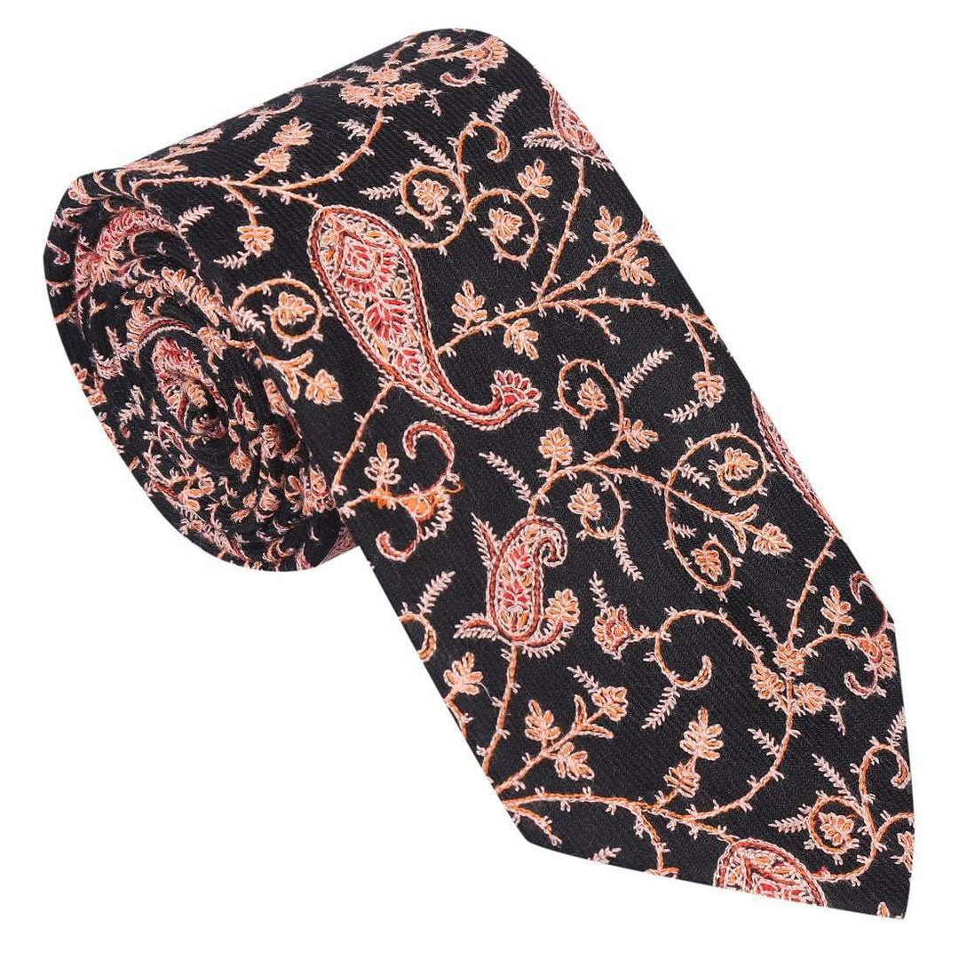 Pashtush India Tie Pashtush Mens Embroidered Necktie, Wool, Paisley Design, Black