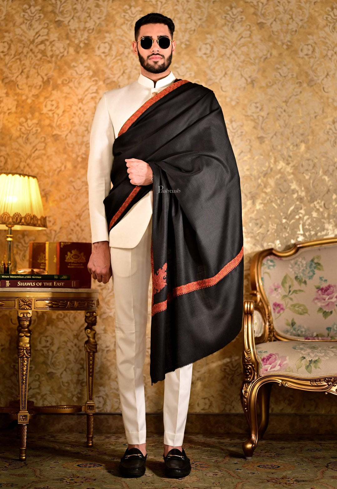 Pashtush India 127x254 Pashtush Mens Embroidery Black Shawl, Kingri Design - Rich Black
