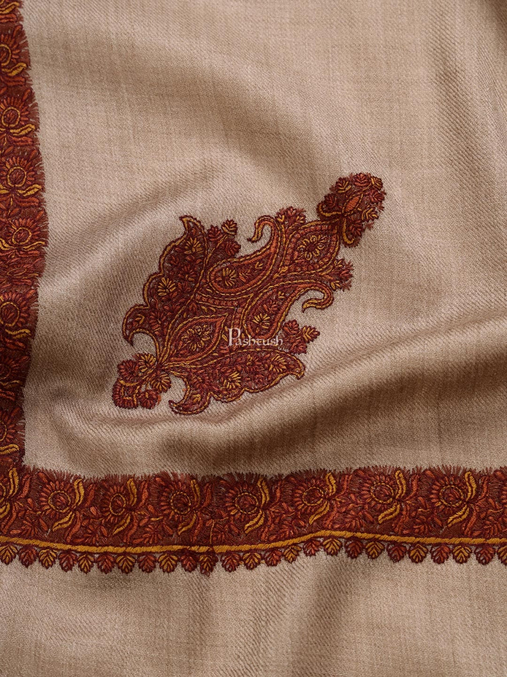 Pashtush India Mens Shawls Gents Shawl Pashtush Mens Embroidery Shawl, Kingri Design - Dark Beige