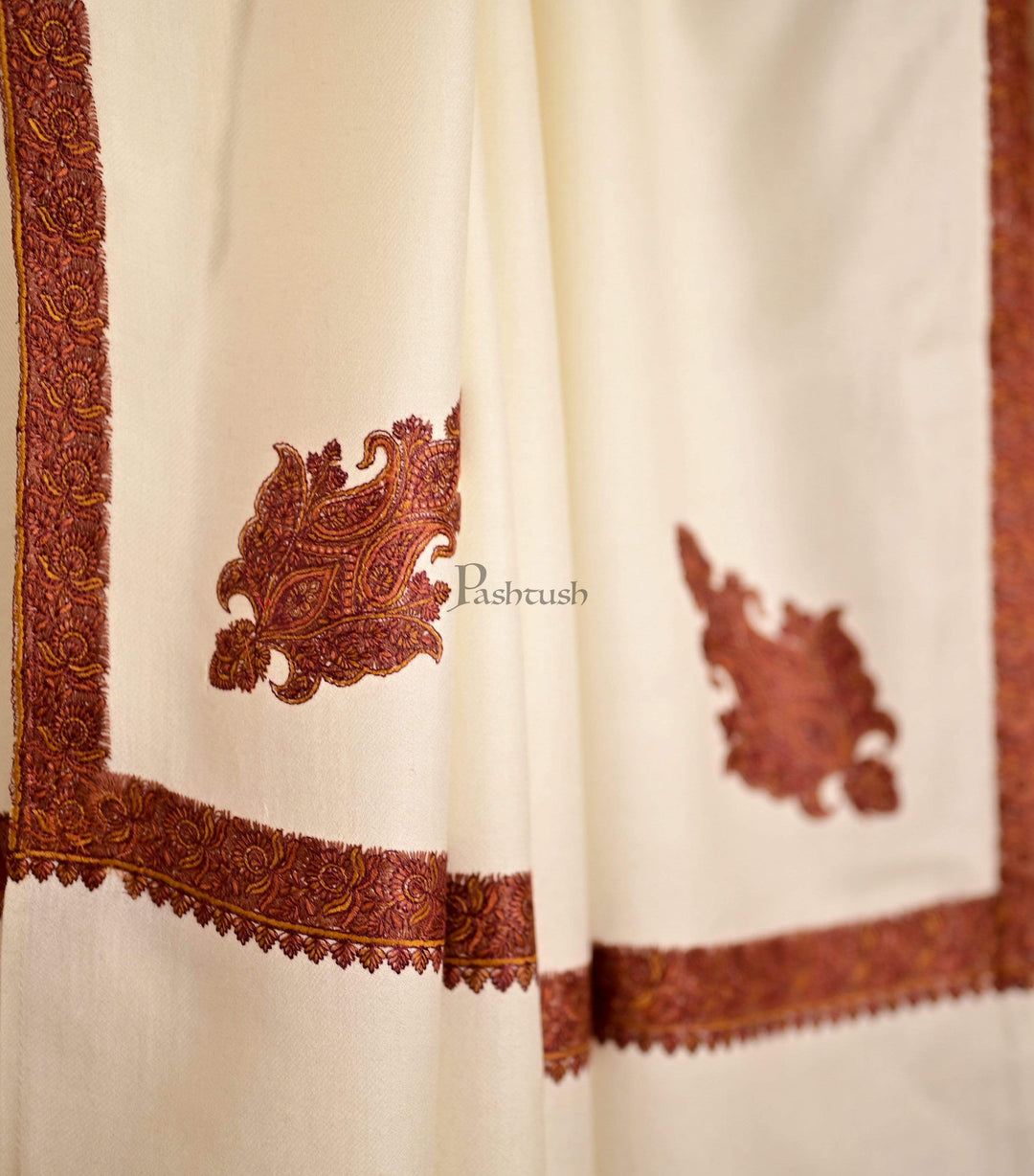 Pashtush India 127x254 Pashtush Mens Embroidery Shawl, Kingri Design - Ivory