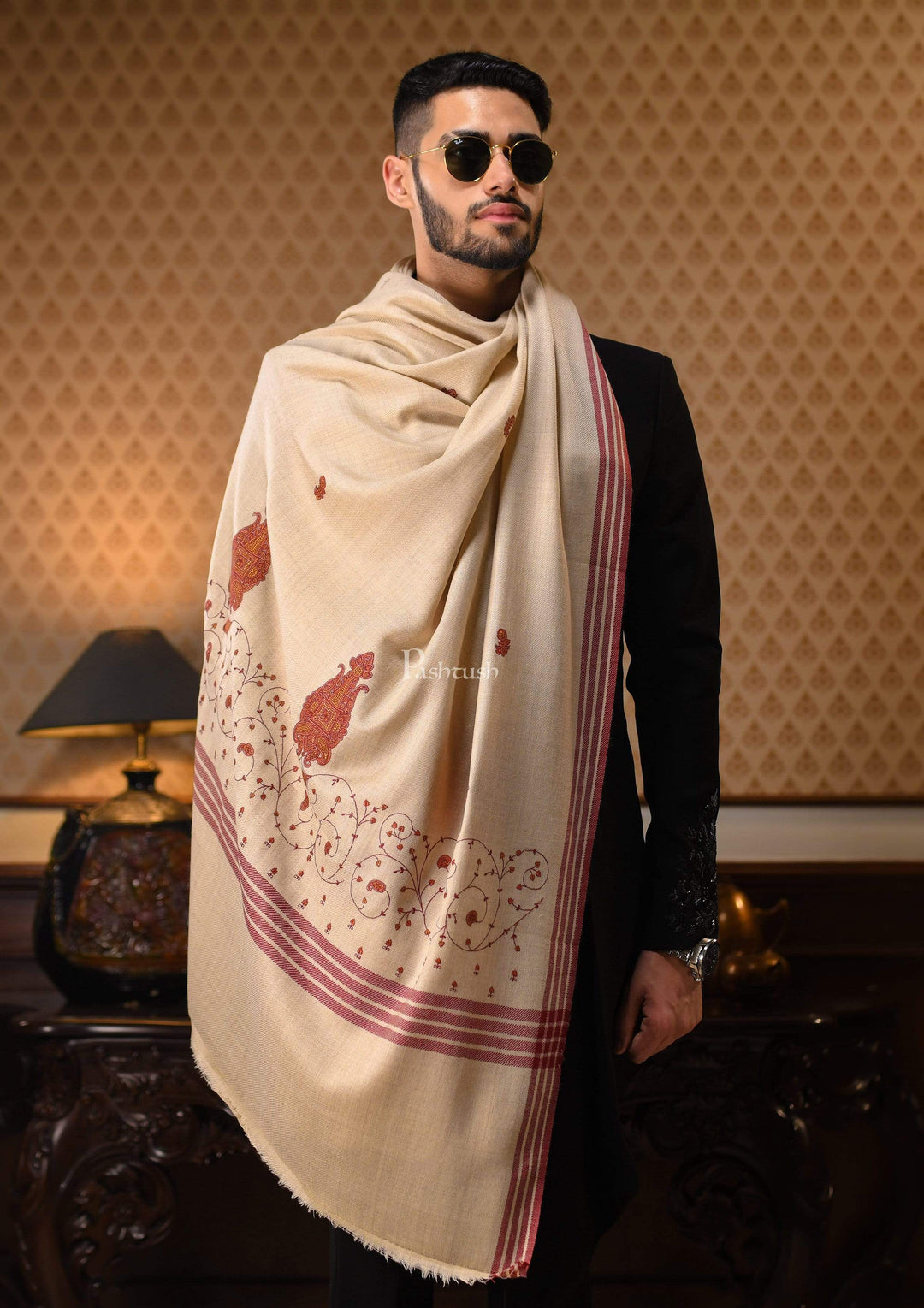 Pashtush India 114x228 Pashtush Mens Embroidery Shawl, Large and Warm