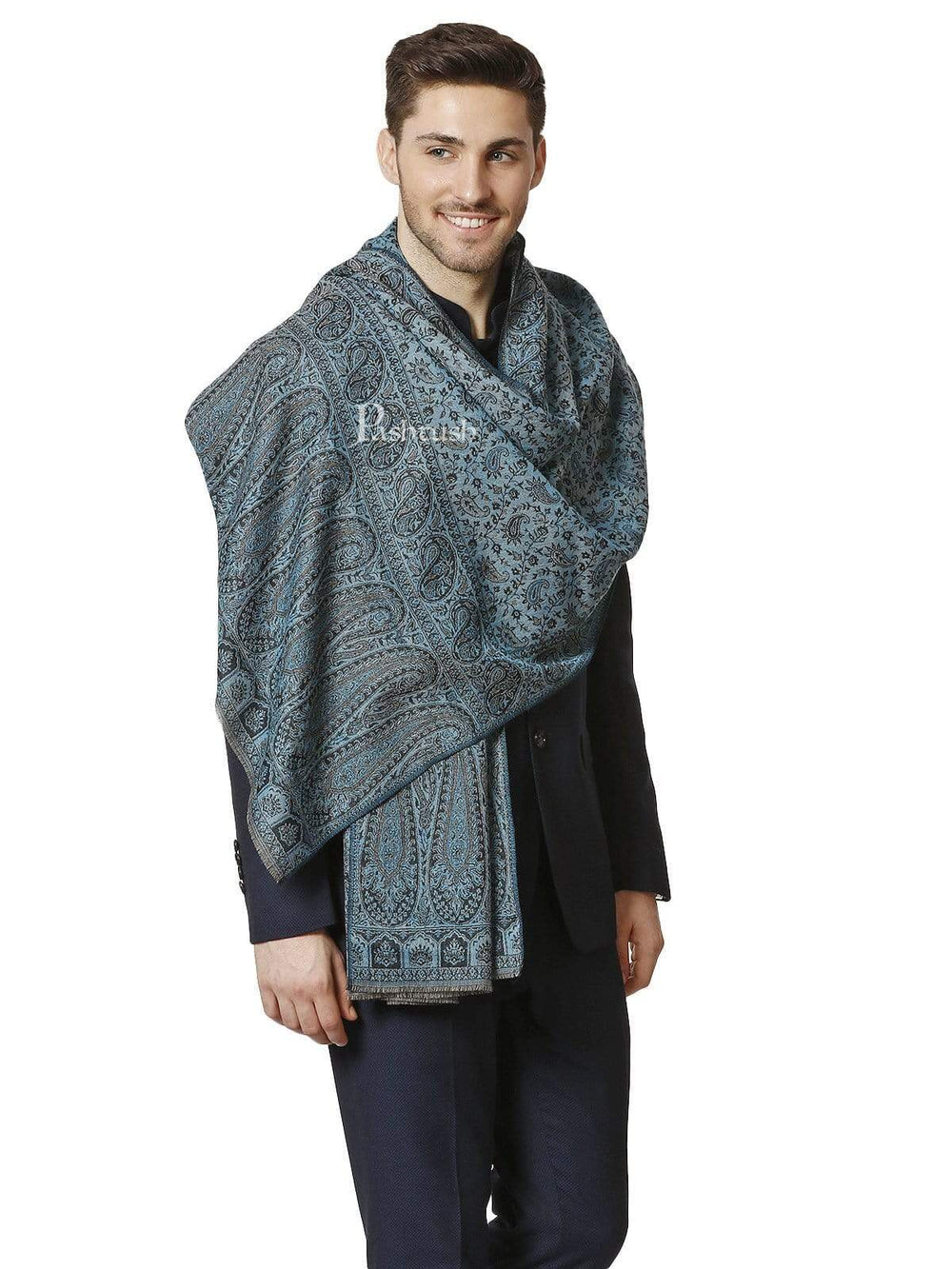 Pashtush Shawl Store 70x200 Pashtush Mens Ethic Stole, Fine Wool, Soft and Warm, Azure Blue