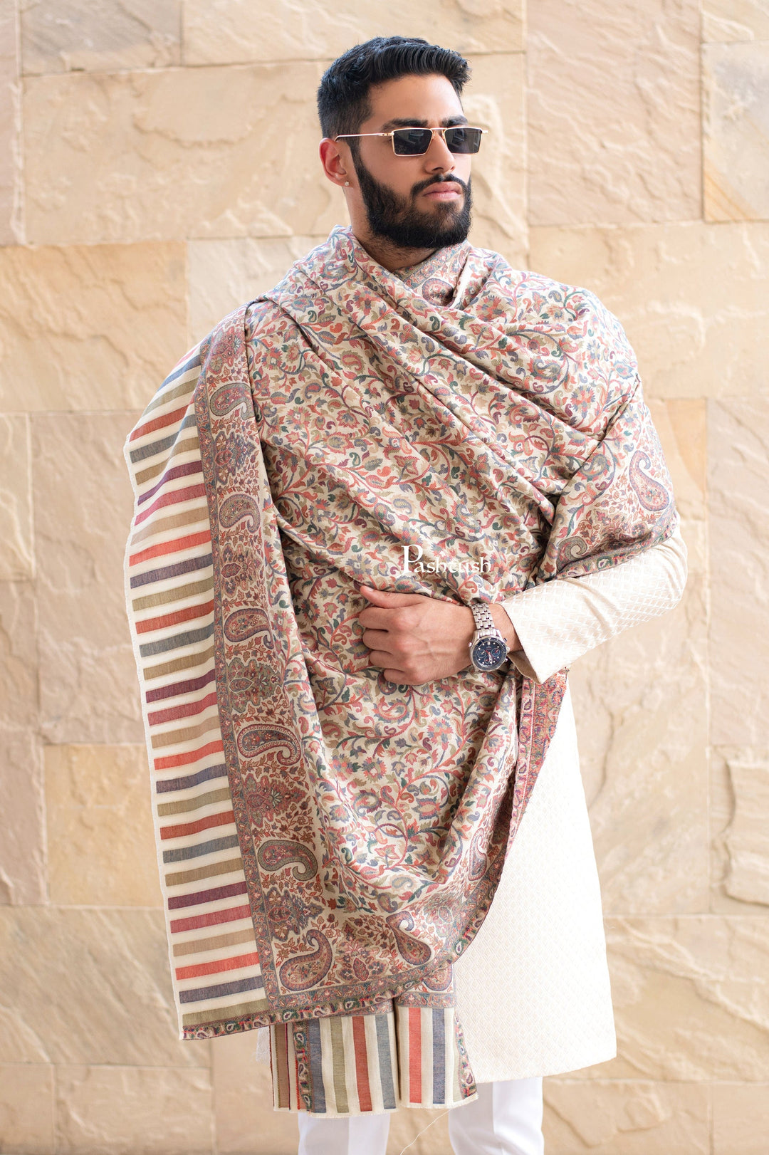 Pashtush India Mens Shawls Gents Shawl Pashtush Mens Ethnic Shawl, Mens Lohi, Full Size, Fine Wool, Ivory