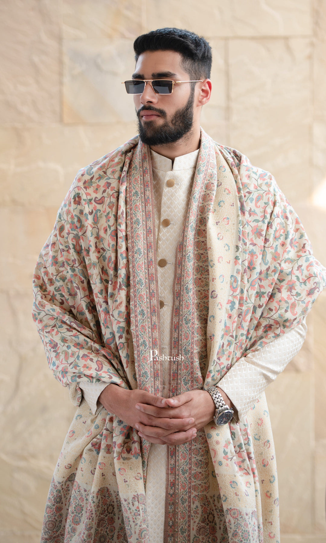 Pashtush India Mens Shawls Gents Shawl Pashtush Mens Ethnic Shawl, Mens Lohi , Full Size, Fine Wool, With Metallic Weave , Ivory