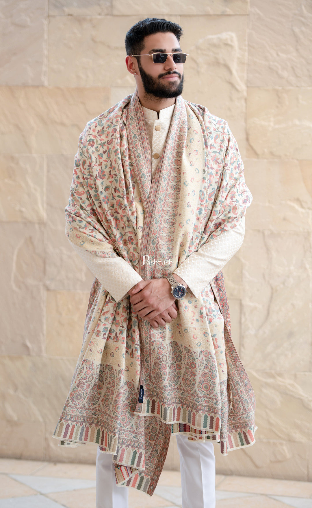 Pashtush India Mens Shawls Gents Shawl Pashtush Mens Ethnic Shawl, Mens Lohi , Full Size, Fine Wool, With Metallic Weave , Ivory