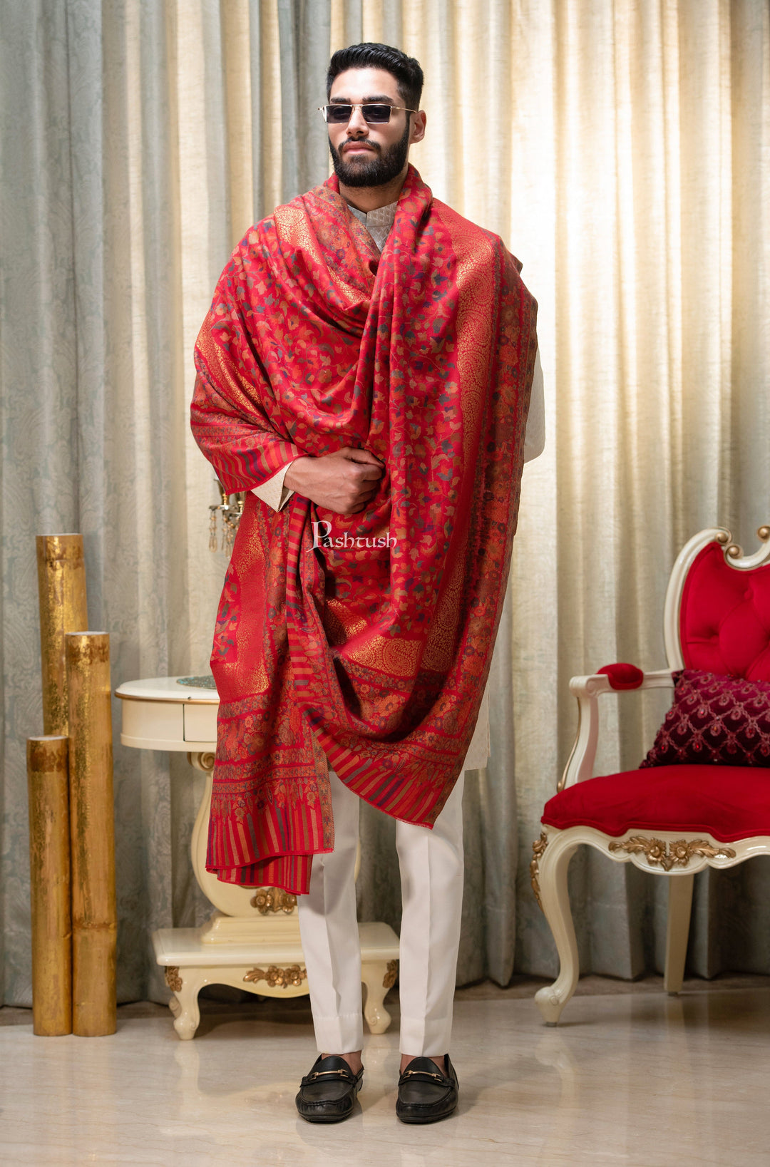 Pashtush India Mens Shawls Gents Shawl Pashtush Mens Ethnic Shawl, Mens Lohi , Full Size, Fine Wool, With Metallic Weave , Red