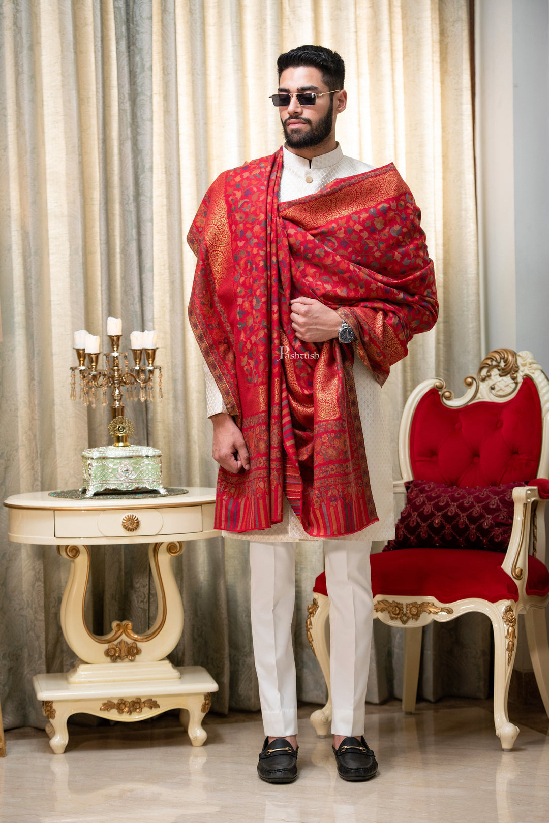 Pashtush India Mens Shawls Gents Shawl Pashtush Mens Ethnic Shawl, Mens Lohi , Full Size, Fine Wool, With Metallic Weave , Red