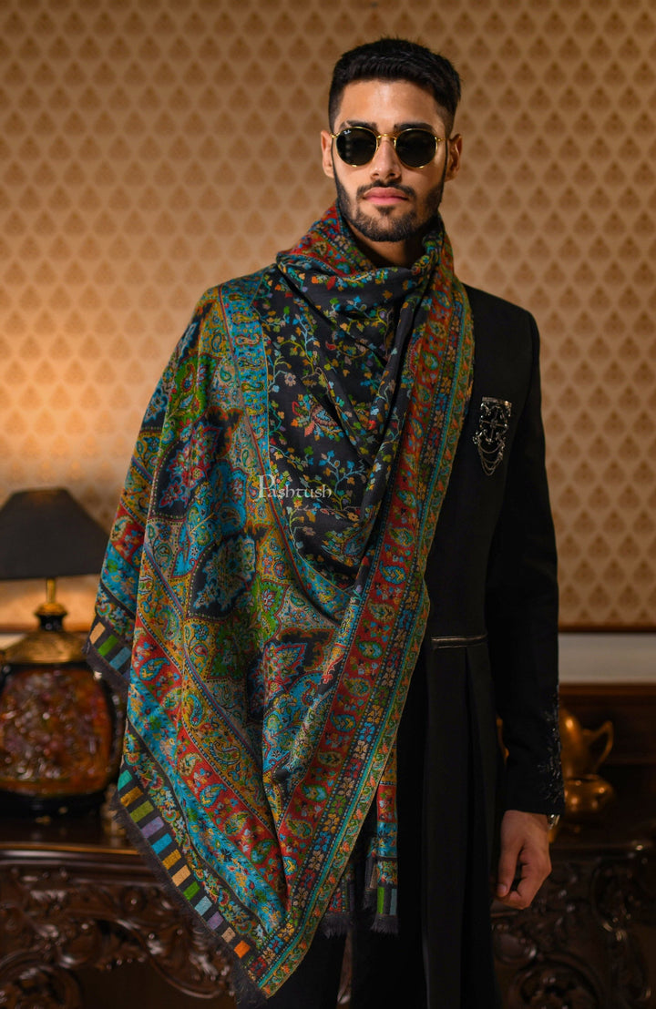Pashtush India 100x200 Pashtush Mens Ethnic Shawl, Multi-Colored Weave, Pure Wool, Woolmark Certificate