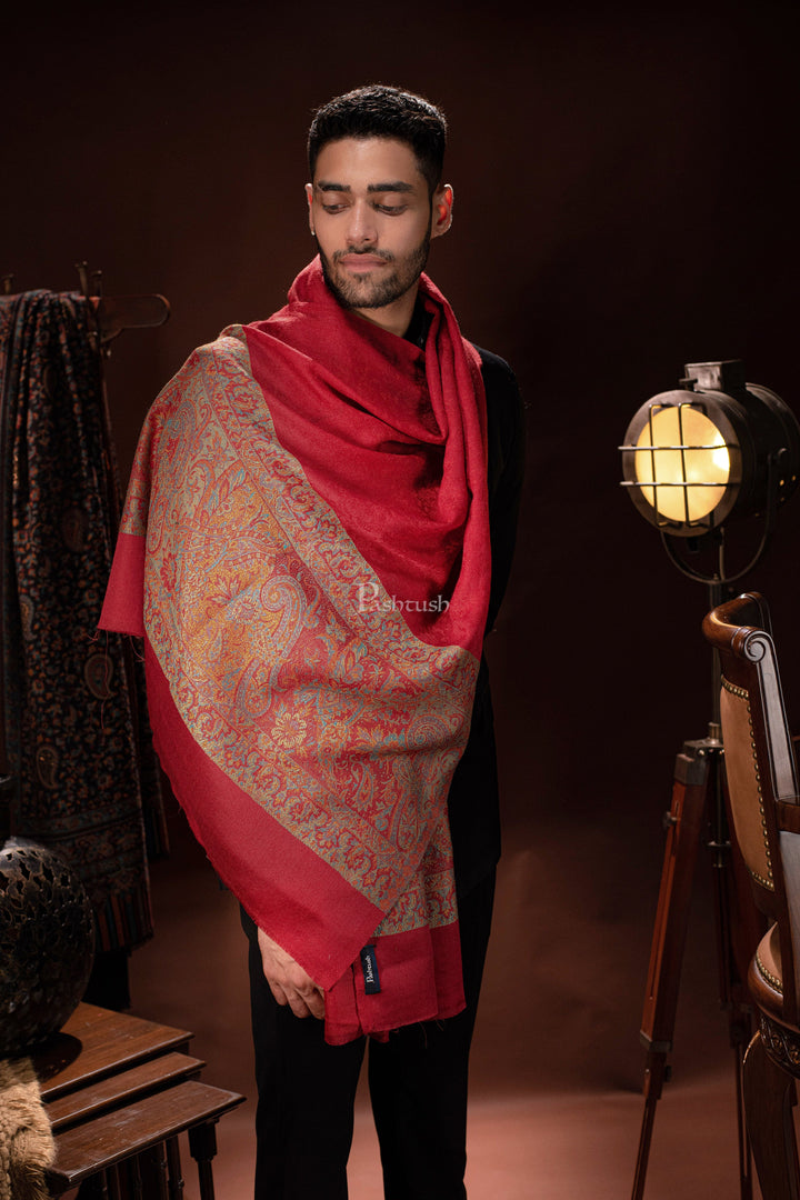 Pashtush India Mens Scarves Stoles and Mufflers Pashtush mens Extra Fine Wool self stole, ethnic palla design, Maroon