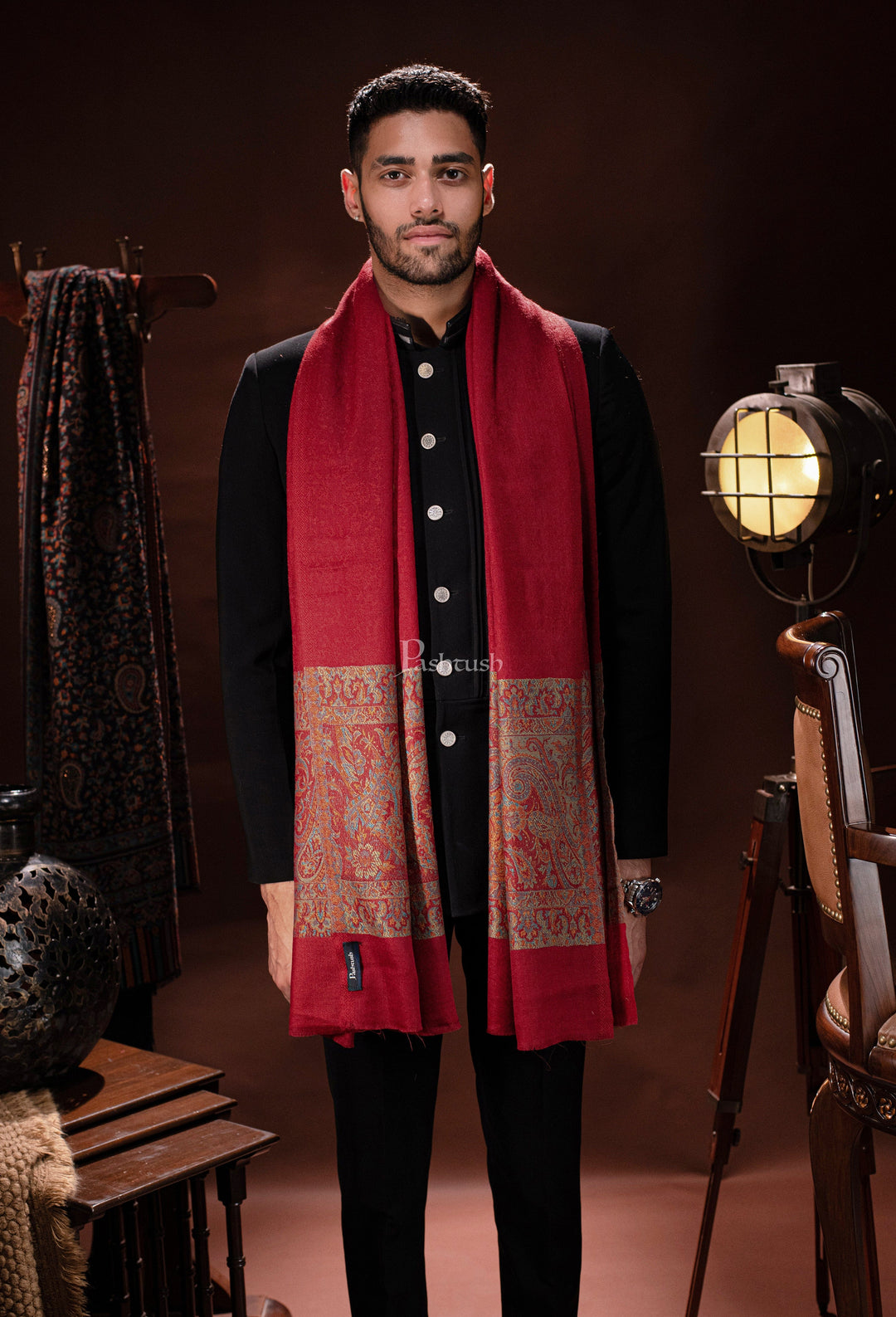 Pashtush India Mens Scarves Stoles and Mufflers Pashtush mens Extra Fine Wool self stole, ethnic palla design, Maroon