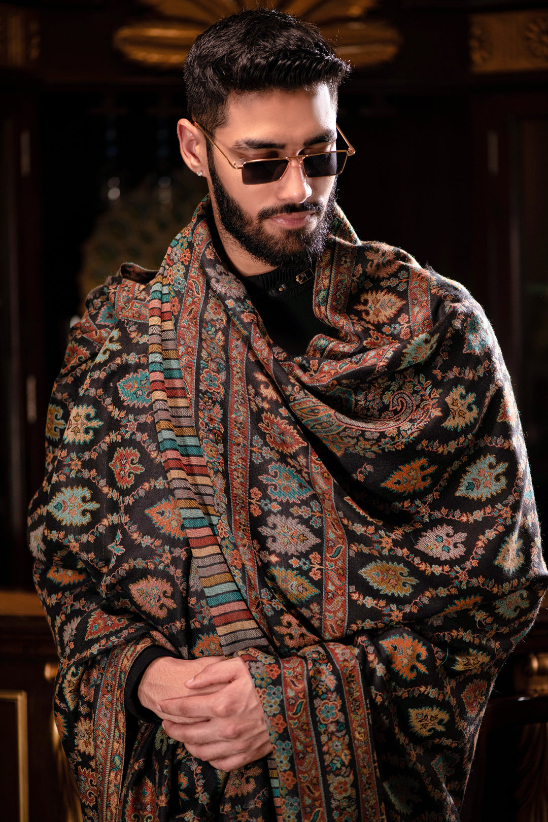 Pashtush India Mens Shawls Gents Shawl Pashtush mens Extra Fine Wool shawl, Ethnic design, Black